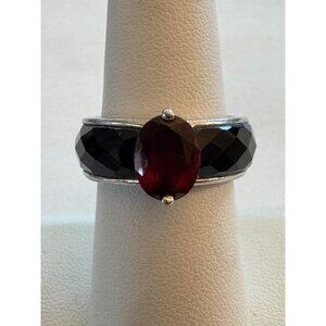 Size 7 KN 925 Sterling Silver Statement/Cocktail Ring w/ Black & Red Gemstones